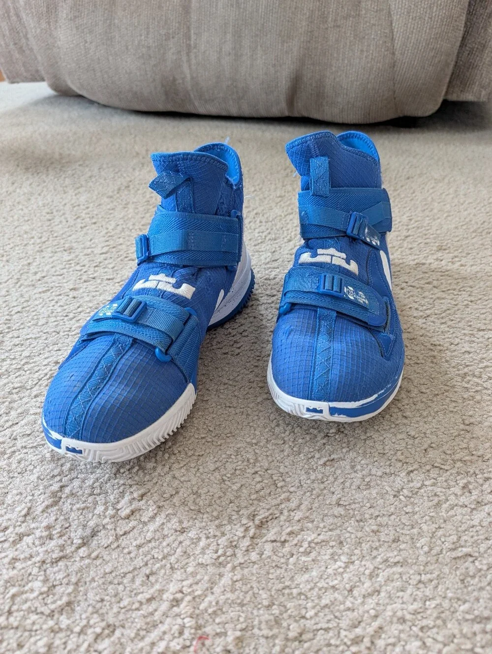 Nike Mens LeBron Soldier Basketball Blue and White High-Top Athletic Shoes